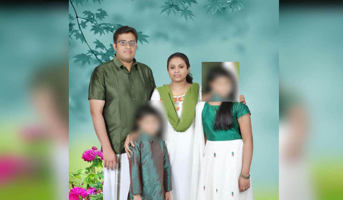 Mathew Mulackal (left), his wife Lini Abraham, and their children Irin and Issac.